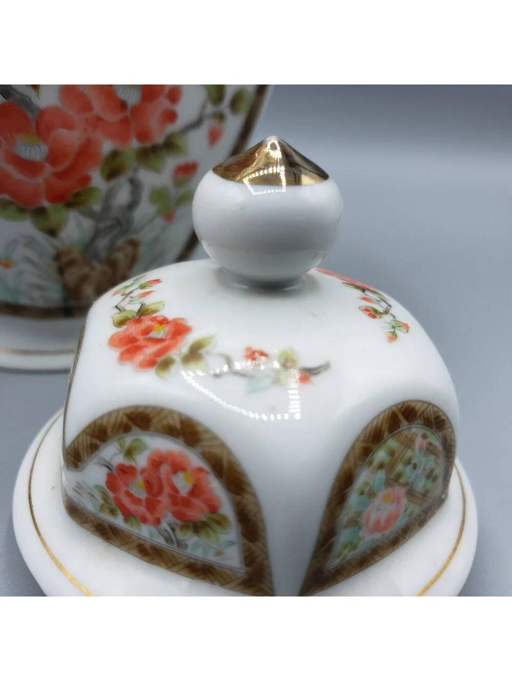 Japan Ginger Jar Birds Flowers Signed Lattice Work White Orange Tan